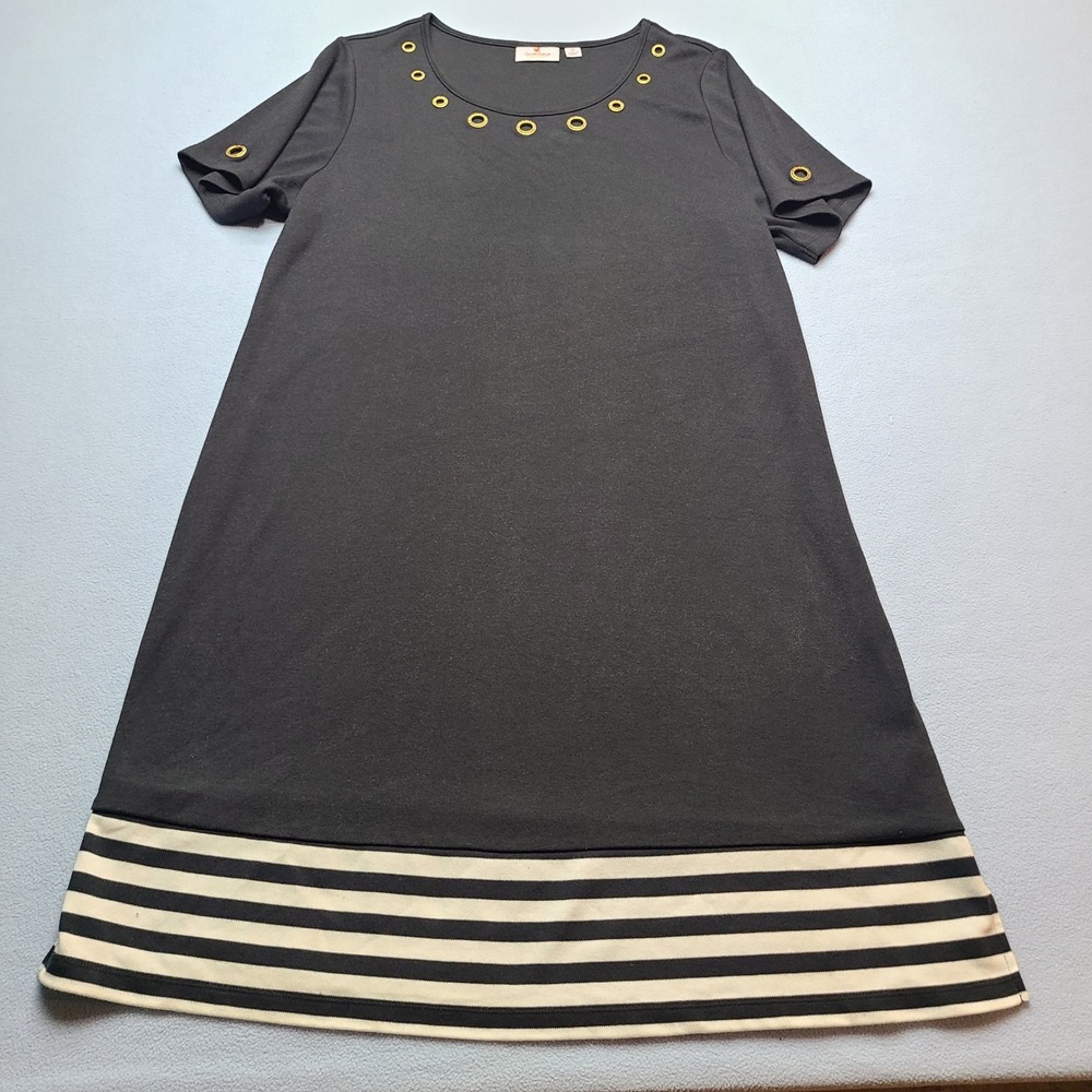 Quacker Factory T-Shirt Dress Womens XL Black Rhinestone Grommet Stripe